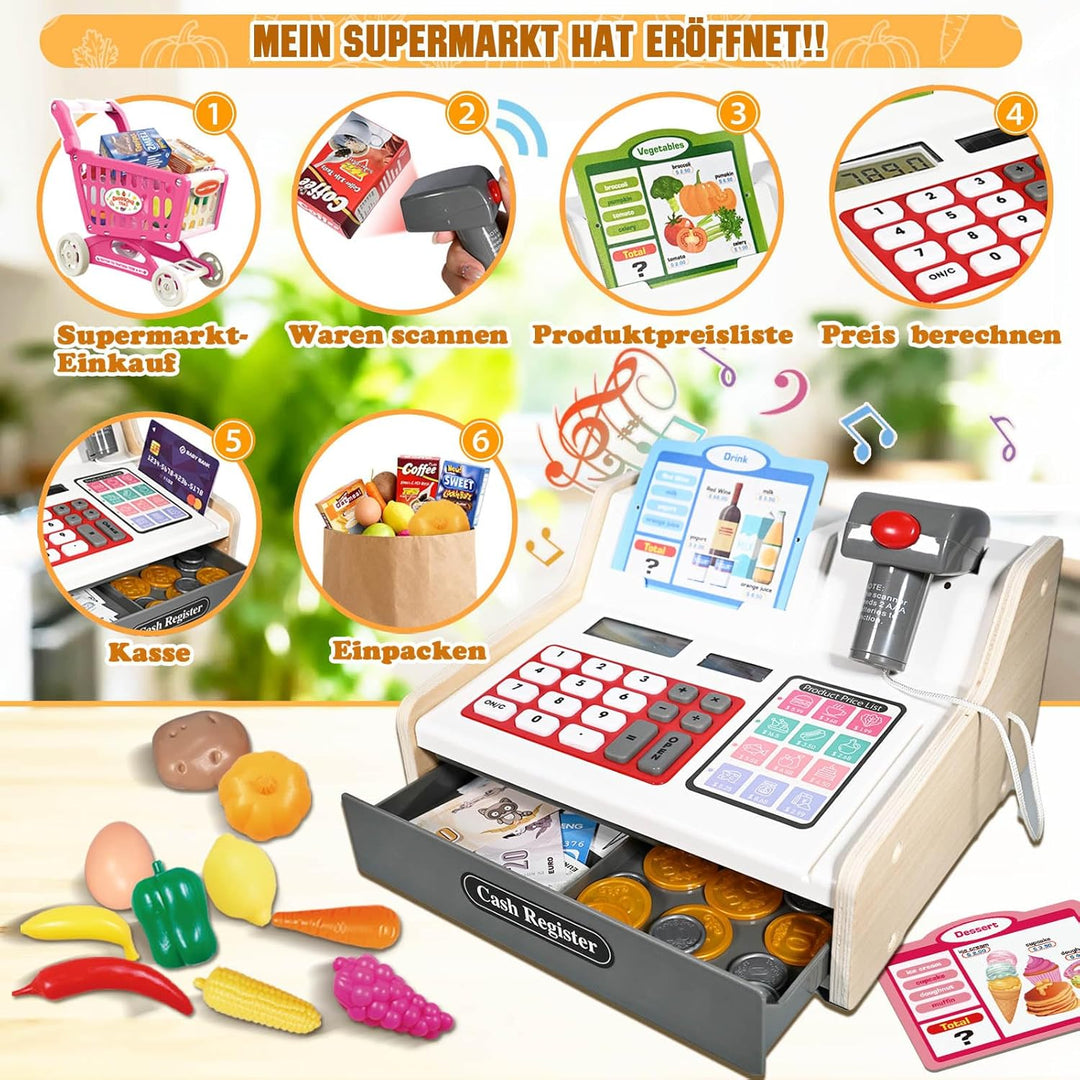 Kasse Kinder Holz mit Scanner und Sound, Spielkasse Kinder Set für Jungen Mädchen ab 3-6 Jahren, Ele