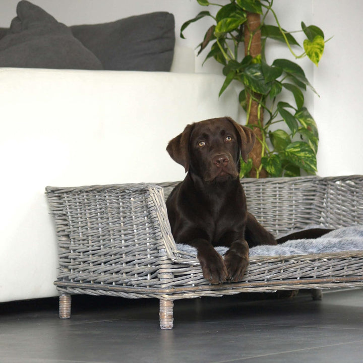 UNUS RM E-Commerce Hundebett Hundekorb Hundekörbchen aus Weide eckig mit Kissen grau für grosse und