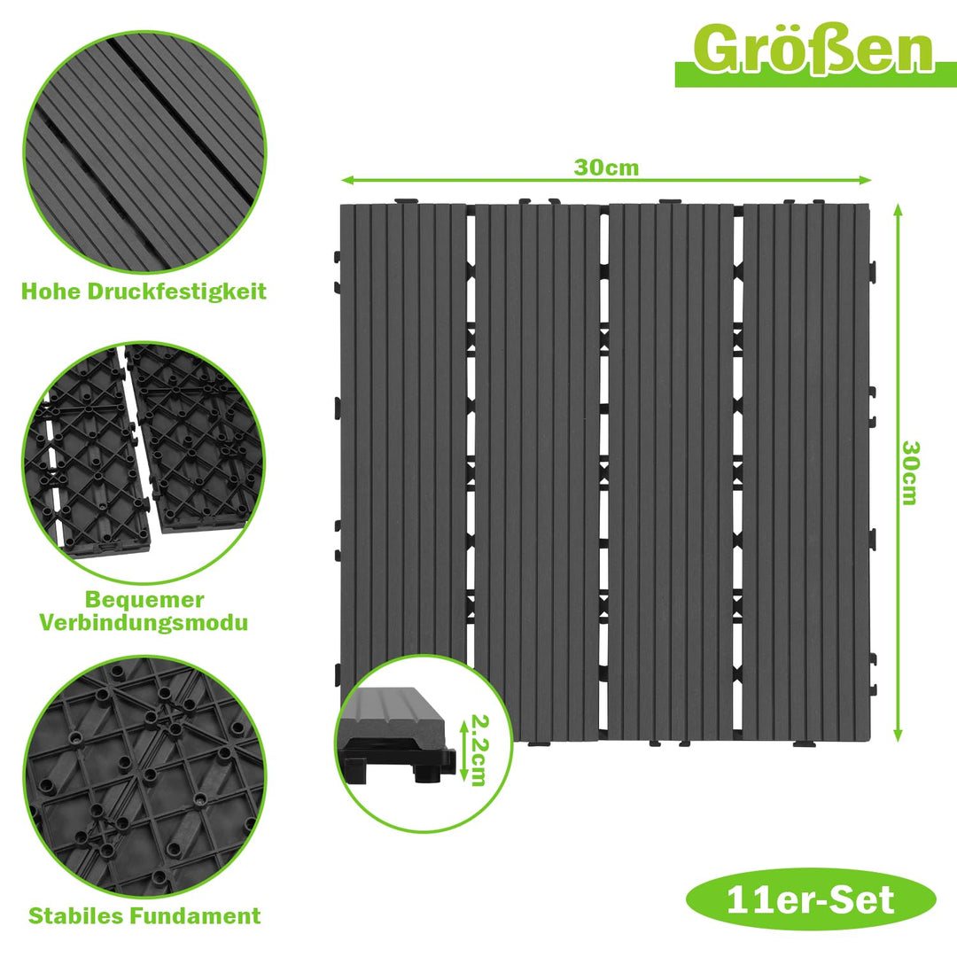 Ansobea WPC Terrassenfliesen Fliesen, 30x30 Holzfliesen 11er Set für 1m²,Balkonfliesen in Holzoptik,
