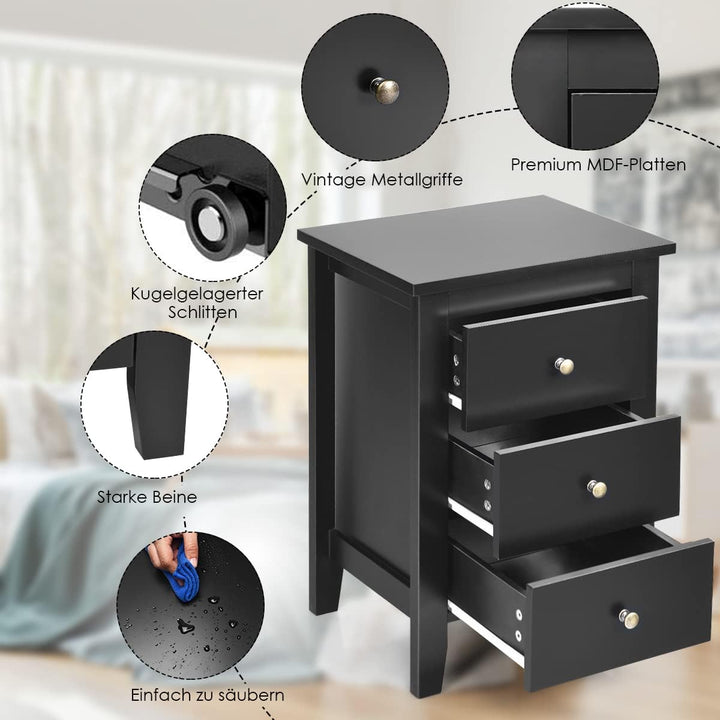 COSTWAY 2er Set Nachttisch mit 3 Schubladen, Nachtschrank für Boxspringbett, Beistelltisch, Nachtkom
