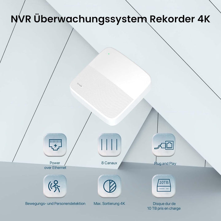 Tenda NVR Überwachungssystem Rekorder 4K, 8CH PoE NVR Recorder, 250m Langstreckenübertragung, H.265+