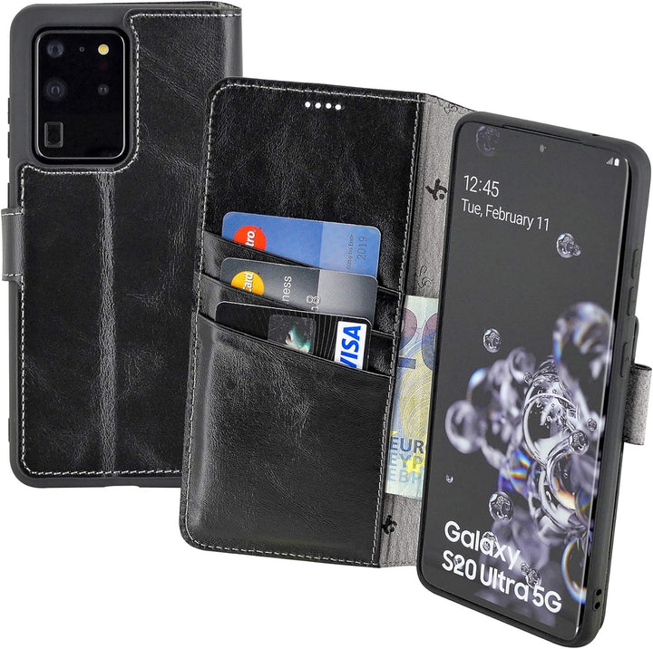 Suncase Book-Style Hülle kompatibel mit Samsung Galaxy S20 Ultra Leder Tasche (Slim-Fit) Lederhülle
