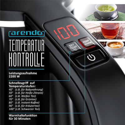 Arendo - Edelstahl Wasserkocher mit Temperatureinstellung - 7 wählbare Temperaturstufen von 40°C - 1