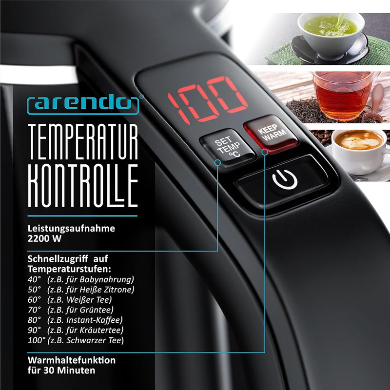 Arendo - Edelstahl Wasserkocher mit Temperatureinstellung - 7 wählbare Temperaturstufen von 40°C - 1