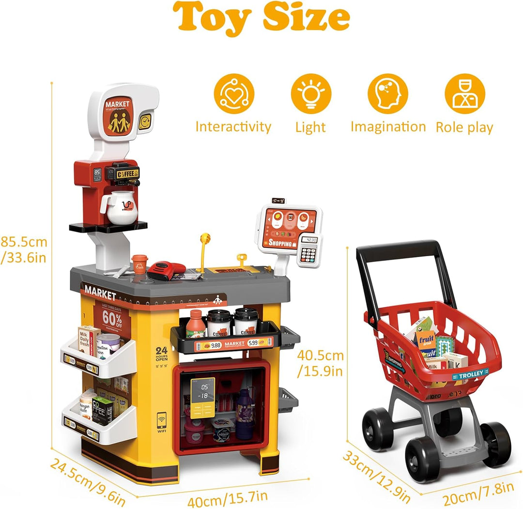RedCrab Supermarkt Kinder mit Einkaufswagen, 55Pcs Spielsupermarkt Kaufladen Zubehör, Kaufmannsladen