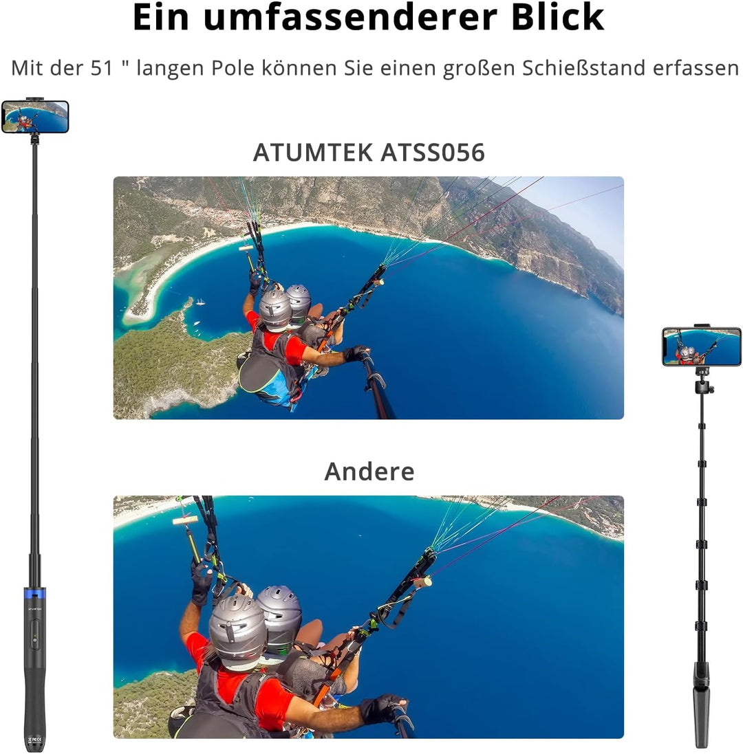 ATUMTEK 130CM Selfiestick, Bluetooth Selfie-Stick mit Hochbelastbarem Aluminium und Rutschfesten Dre