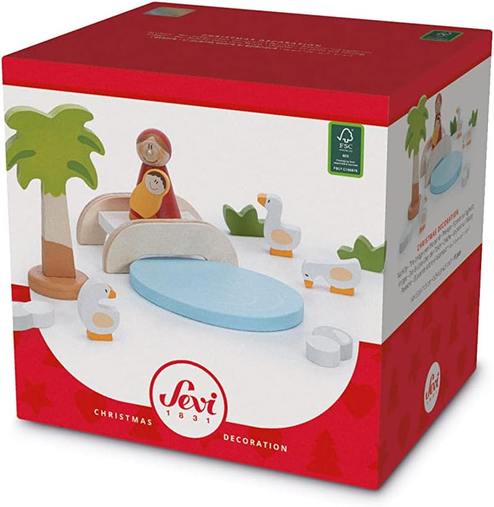 Sevi 83103 Krippen-Set Brücke mit Teich 11 teilig, Krippenzubehör aus Holz, Set zur Ergänzung der We