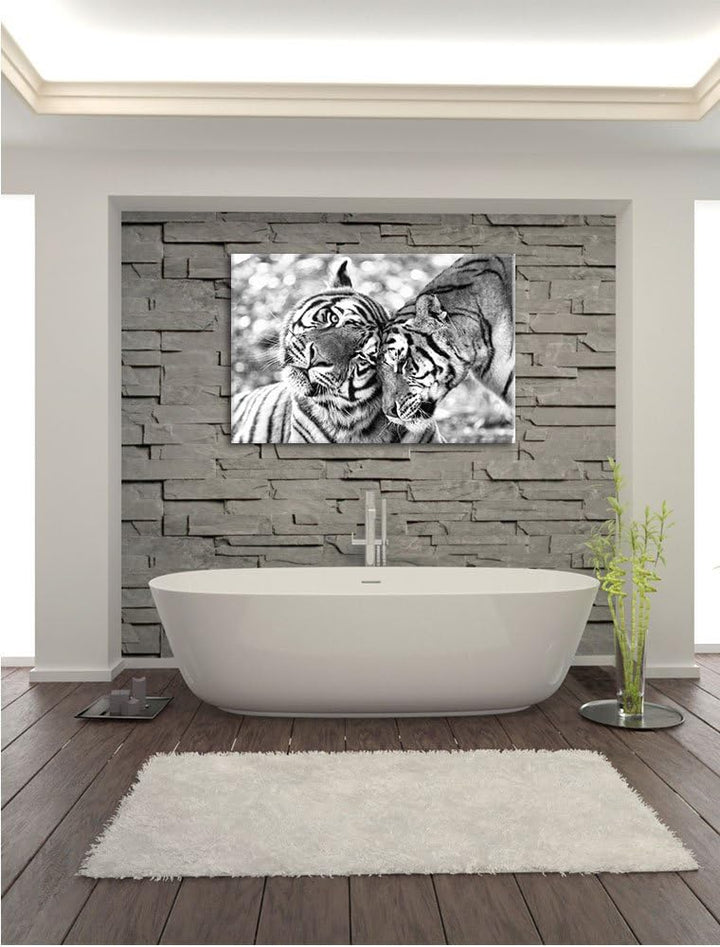 Pixxprint Zwei liebkosende Tiger Kunst B&W, Format: 100x70 auf Leinwand, 100x70