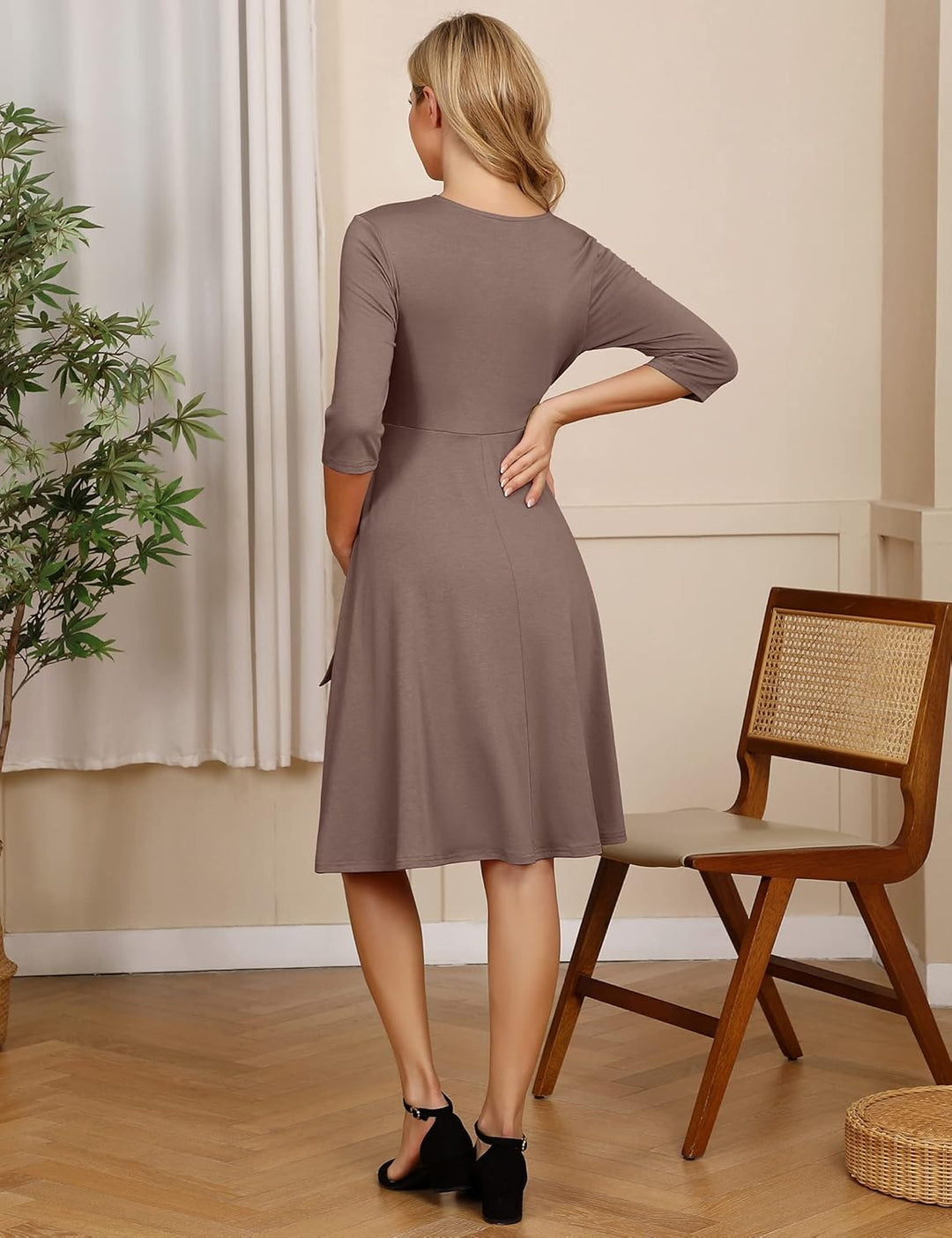 KOJOOIN Damen Umstandskleid Schwangerschafts Kleid für Schwangere Stillkleid V-Ausschnitt Langarm mi