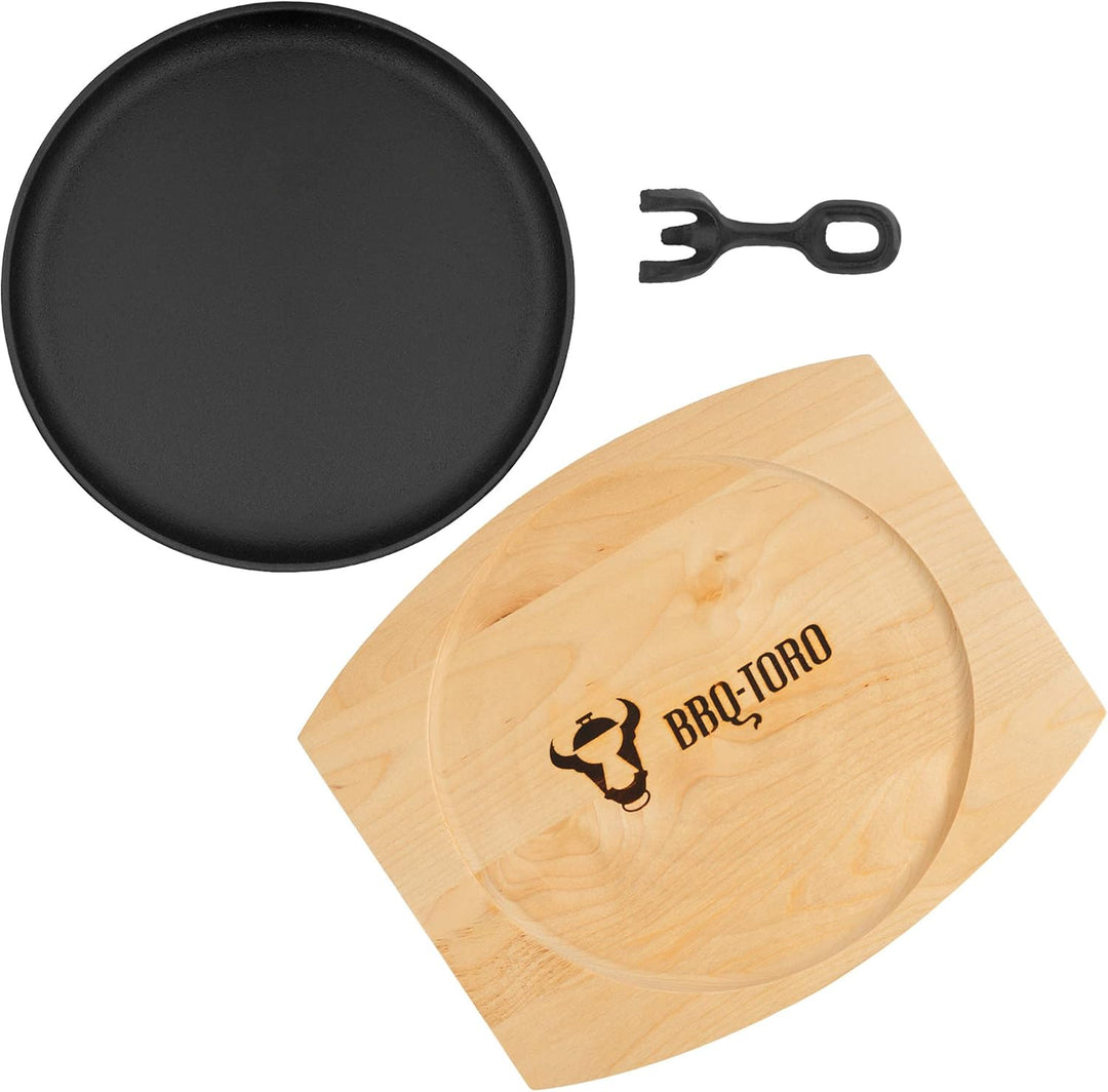 BBQ-Toro Gusseisen Servierpfännchen mit Holzunterlage (4 Stück) | Ø 22 cm - rund | bereits eingebran