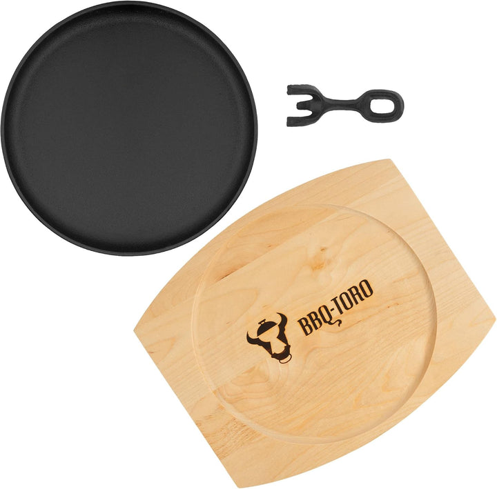 BBQ-Toro Gusseisen Servierpfännchen mit Holzunterlage (4 Stück) | Ø 22 cm - rund | bereits eingebran