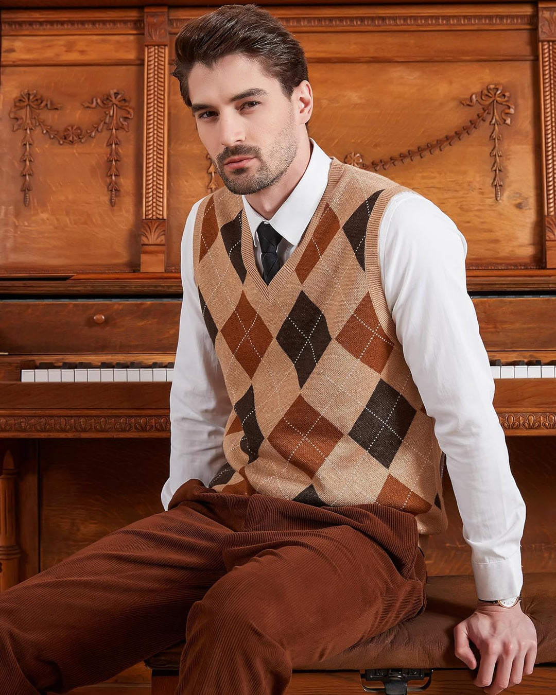 Kallspin Herren Argyle Gestrickt Ärmellos Pullover Wollmischung V-Ausschnitt Strickwesten 3XL Khaki,