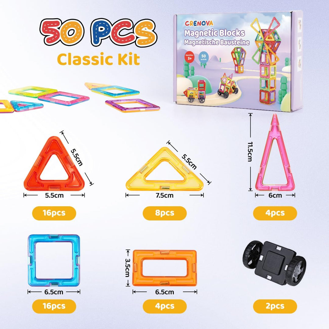 Crenova Magnetische Bausteine 50 Teile Magnetspielzeug Magnete Kinder Magnetbausteine STEM Lernspiel