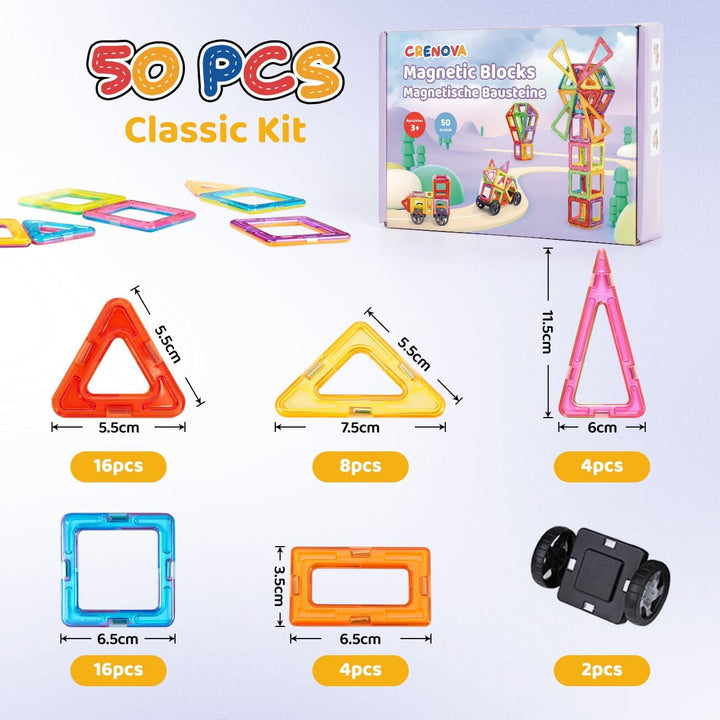 Crenova Magnetische Bausteine 50 Teile Magnetspielzeug Magnete Kinder Magnetbausteine STEM Lernspiel