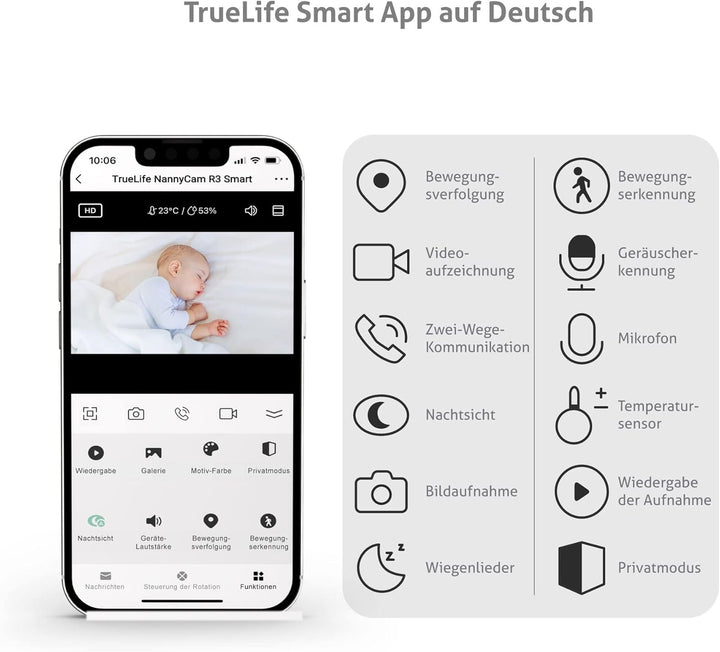 TrueLife NannyCam R3 Smart Überwachungskamera Innen, FullHD-Auflösung Kamera, Babyphone mit Kamera m