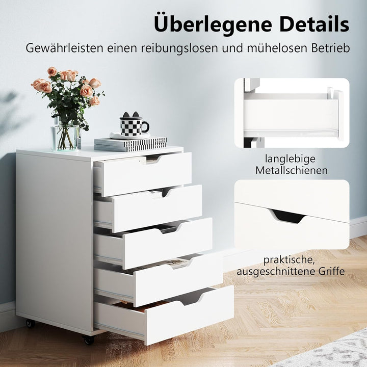 COSTWAY Rollcontainer mit 5 Schubladen, mobiler Aktenschrank mit Rädern, Bürocontainer Schubladensch