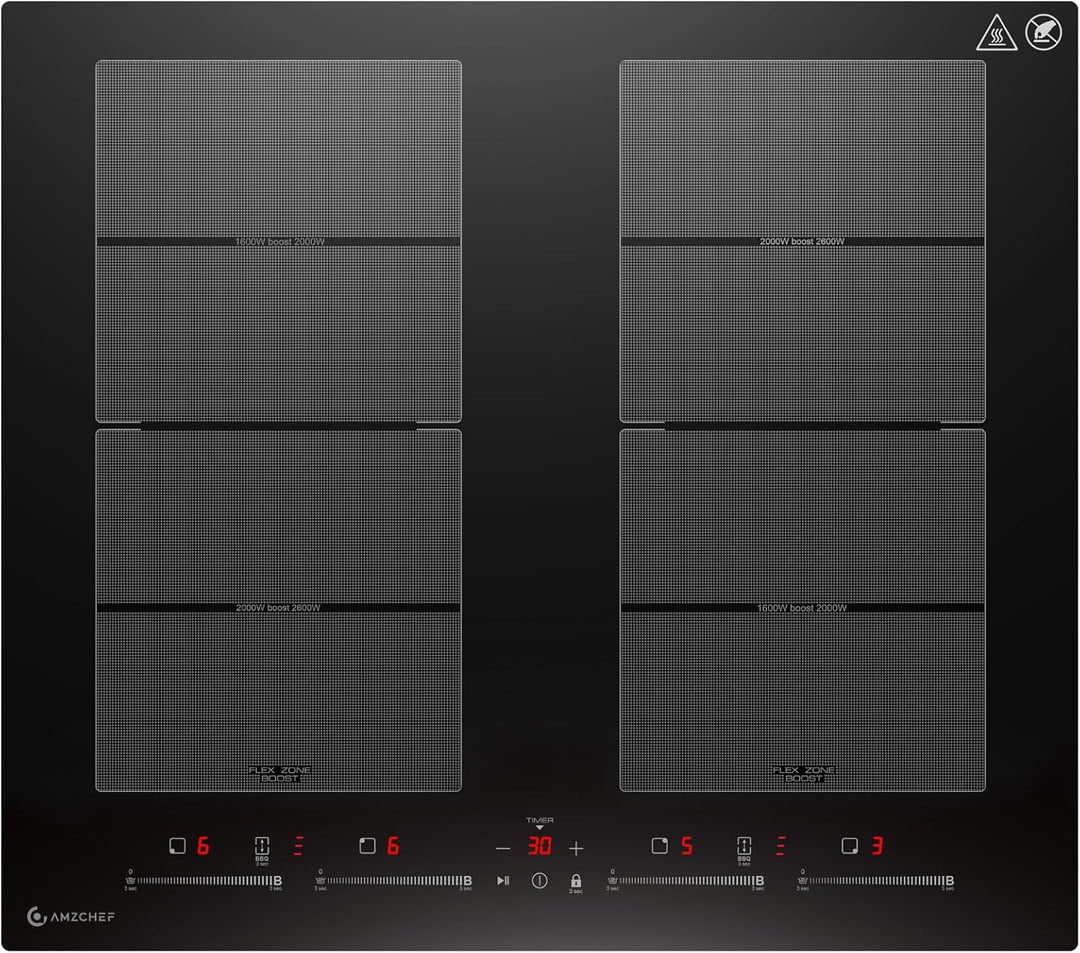 AMZCHEF Induktionskochfeld 60cm mit 2 Flexzonen, 4 Zonen Induktionskochplatte mit leisem Betrieb, 9