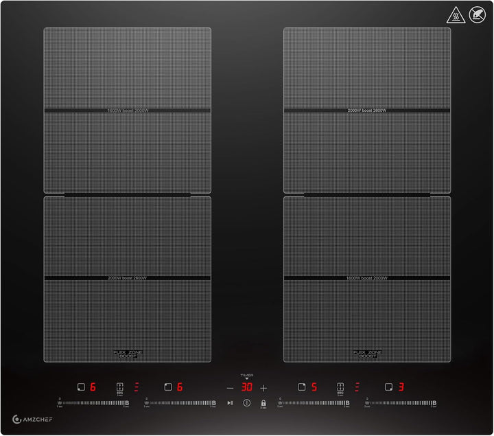 AMZCHEF Induktionskochfeld 60cm mit 2 Flexzonen, 4 Zonen Induktionskochplatte mit leisem Betrieb, 9