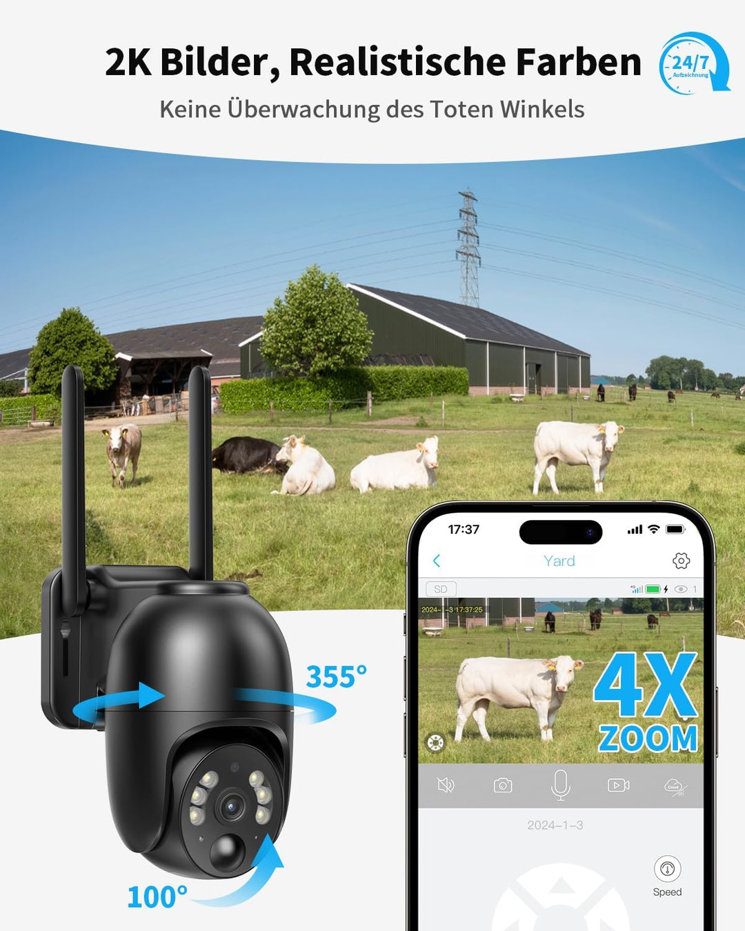 NUASI 4G LTE Überwachungskamera mit SIM Karte Aussen 20W Solarpanel, Kabellos Solar PTZ Überwachungs