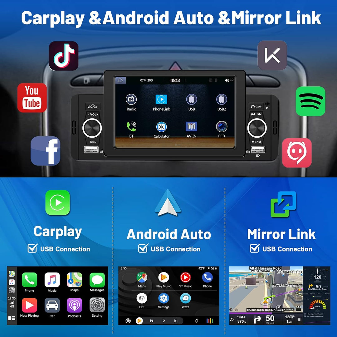 Hikity Autoradio 1 Din CarPlay mit 5 Zoll Bildschirm Android Auto Autoradio Bluetooth Touch Display