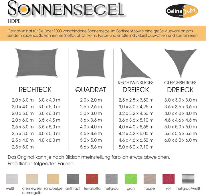 CelinaSun Sonnensegel inkl Befestigungsseile Premium HDPE wetterbeständig atmungsaktiv Quadrat 3 x 3