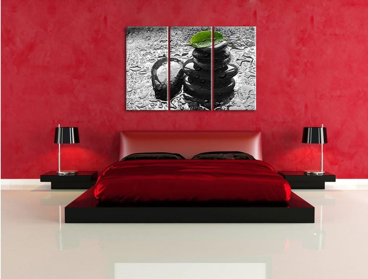 Pixxprint Zensteinturm im Regen als Leinwandbild/Grösse: 3 Teilig (120x80) cm/Wandbild/Kunstdruck/fe