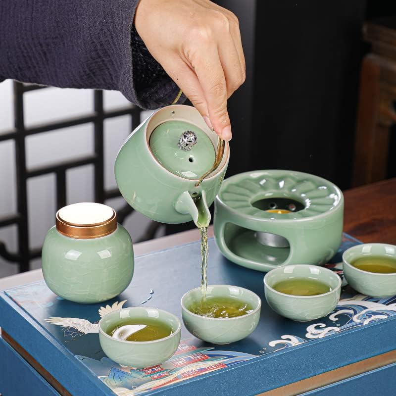 fanquare Teekanne aus Porzellan mit Heizung, Tief Grün Japanischen Stil Teeservice mit Stövchen, Ker