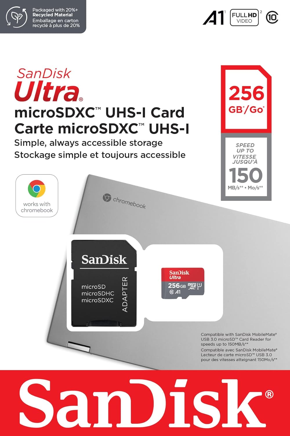 SanDisk Ultra 256 GB microSDXC UHS-I-Karte für Chromebook mit SD-Adapter (Für Smartphones und Tablet