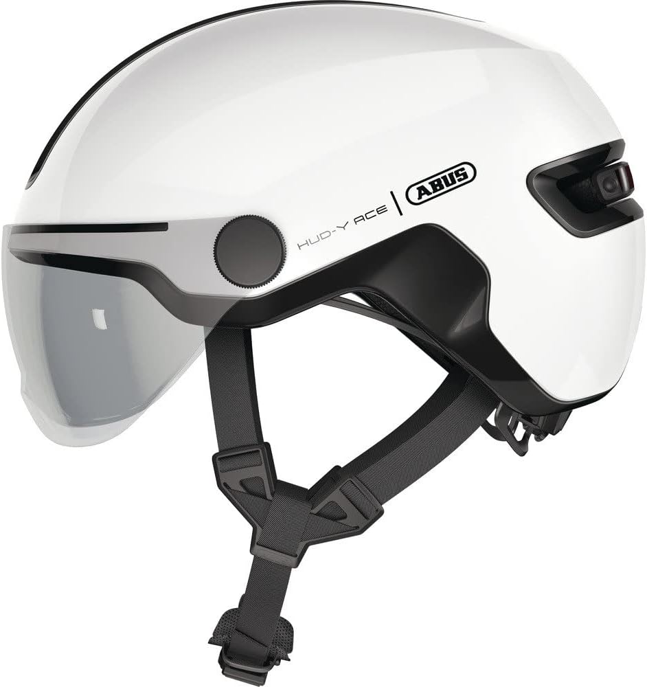 ABUS Stadthelm HUD-Y ACE - stylischer Fahrradhelm mit Visier und magnetischem, aufladbarem LED-Rückl