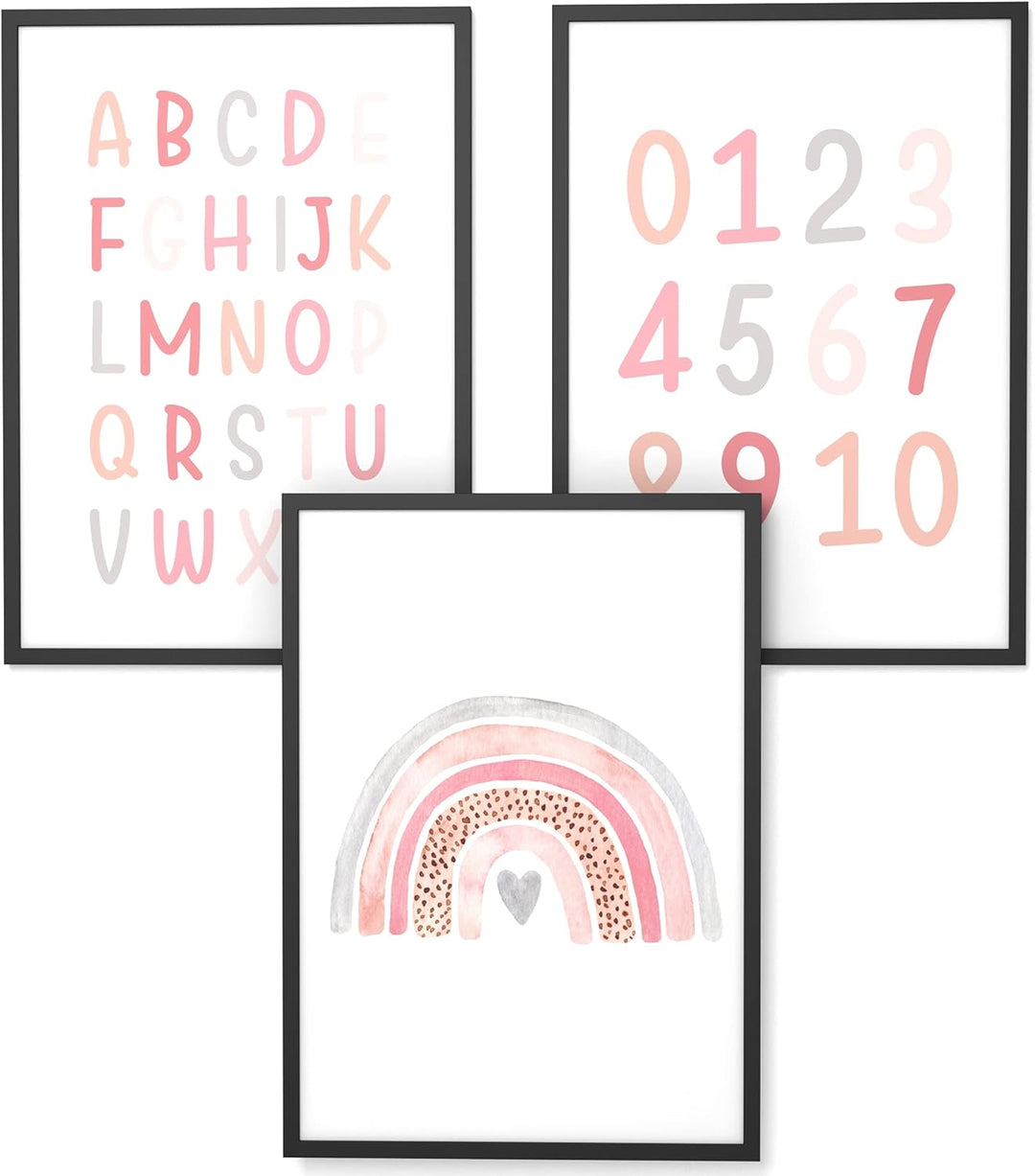 Papierschmiede® Kinderbilder 3er Set Lernposter, A4 gerahmt in Holzrahmen (schwarz), Geschenk für Mä