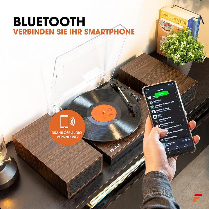 Fenton RP165D Bluetooth Plattenspieler mit Lautsprecher, Schallplattenspieler, Abdeckhaube, Auto Sto