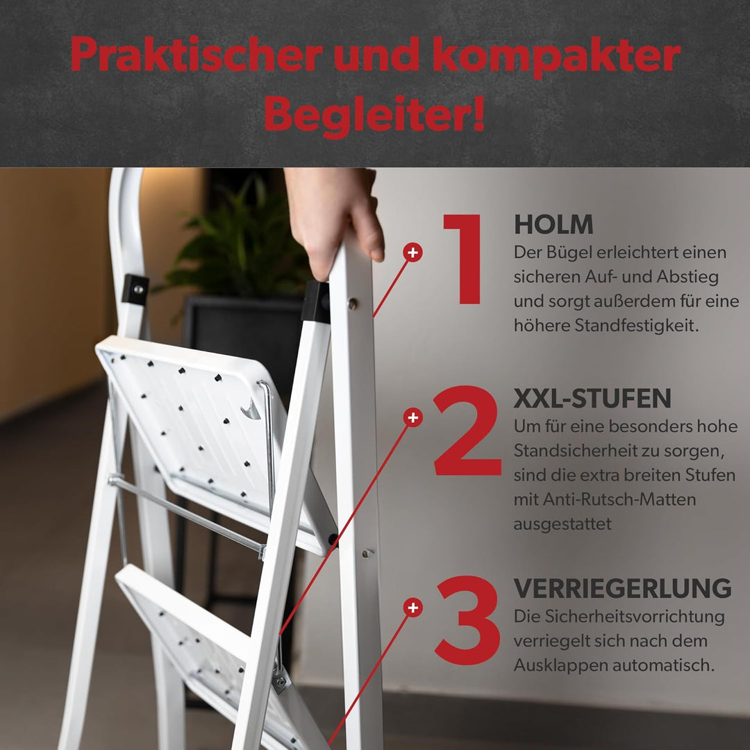 siwitec Klapptritt aus Stahl mit 2 Stufen, Weiss, kleine Leiter mit Anti-Rutschmatten, 150 kg Tragla