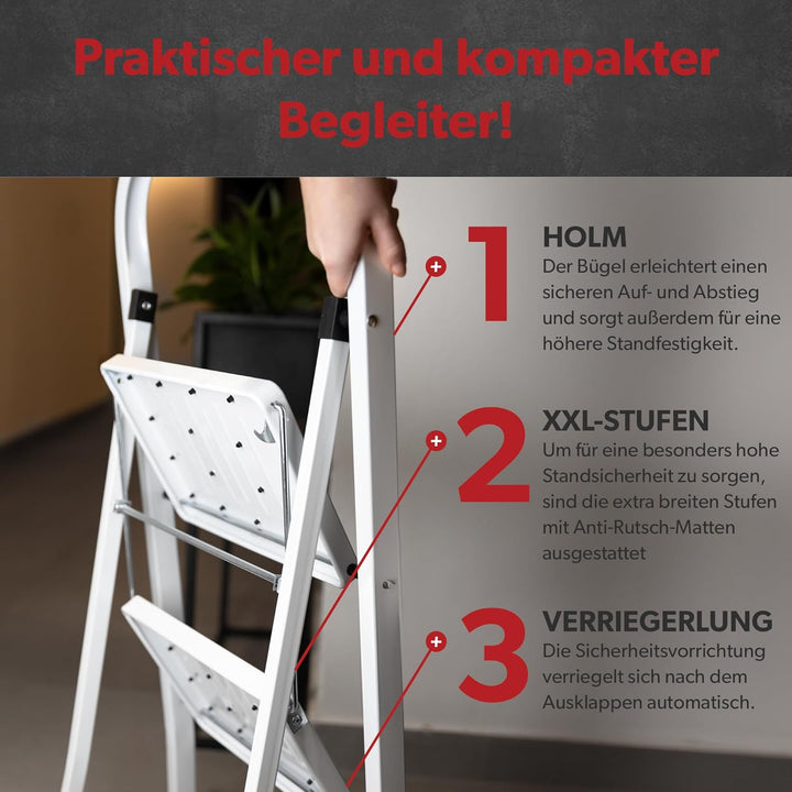 siwitec Klapptritt aus Stahl mit 2 Stufen, Weiss, kleine Leiter mit Anti-Rutschmatten, 150 kg Tragla