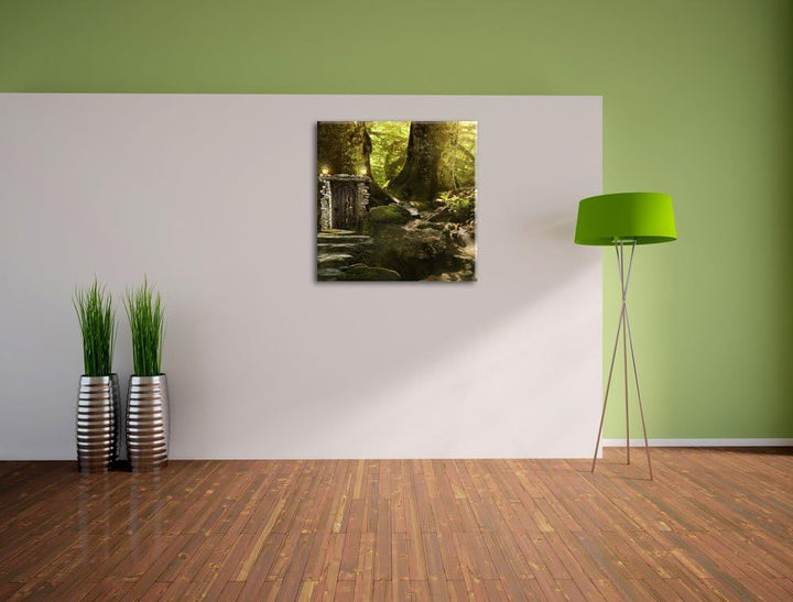 Geheimes Tor im Wald, Format: 70x70 auf Leinwand, XXL riesige Bilder fertig gerahmt mit Keilrahmen,
