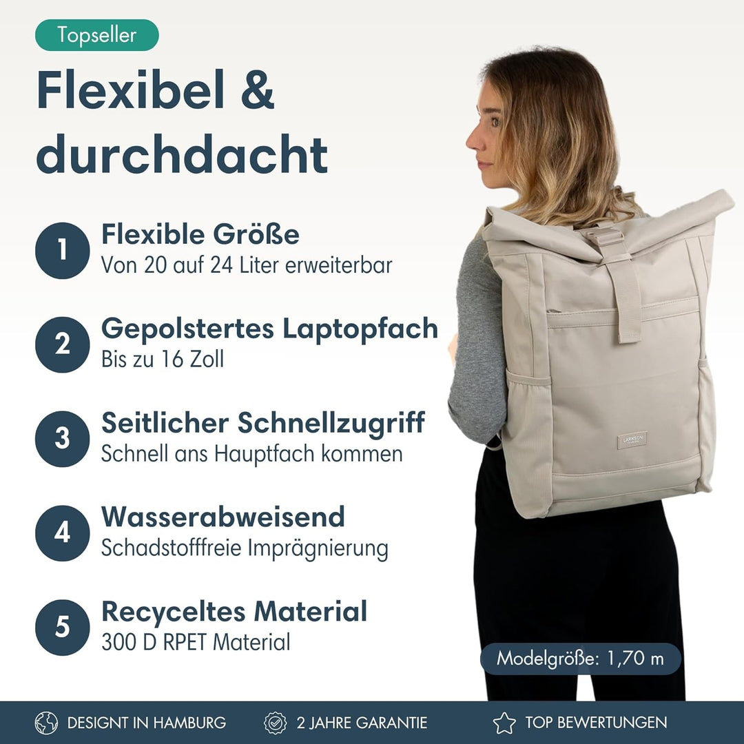LARKSON Rolltop Rucksack Damen Gross Beige - No 2 - Daypack für Schule, Uni, Fahrrad - 16 Zoll Lapto