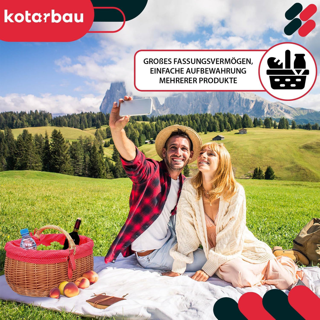 KOTARBAU® Natural Weidenkorb mit Henkel gross | mit Stoffeinlage in Rot | Tragekorb aus Weide Einkau