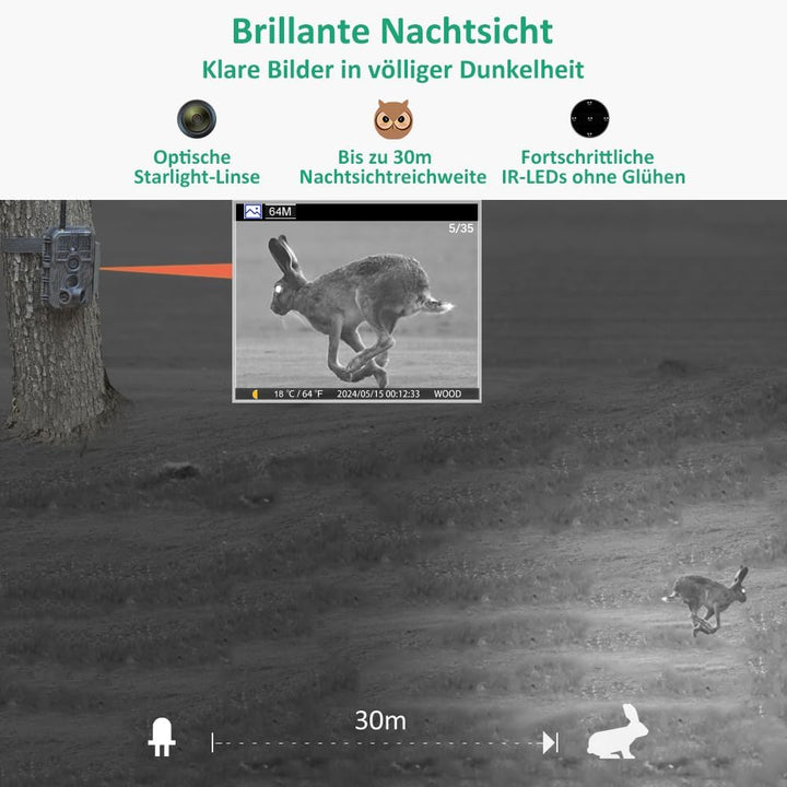 GardePro E8 Wildkamera WLAN mit App 48MP H.264 1296P Video, 27m Infrarot Nachtsicht Bewegungsmelder