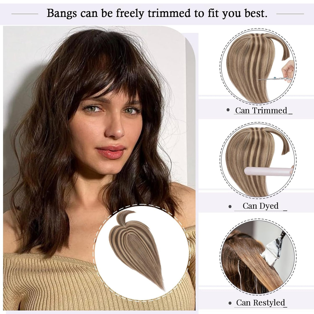 TESS Hair Topper Echthaar Braun Balayage, 7x13cm Basis Toupet Damen #4P27 braun/Dunkelblond mit Pony