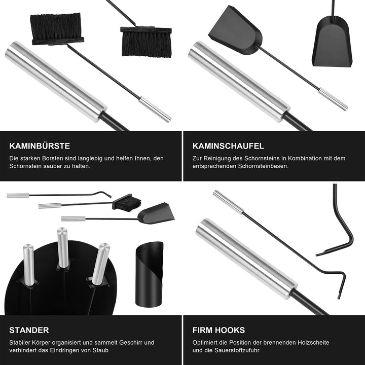 Randaco kaminbesteck Schwarz Modern 4 teilig Edelstahl Kaminbesteck mit Schaufel, Besen, Schürhaken,