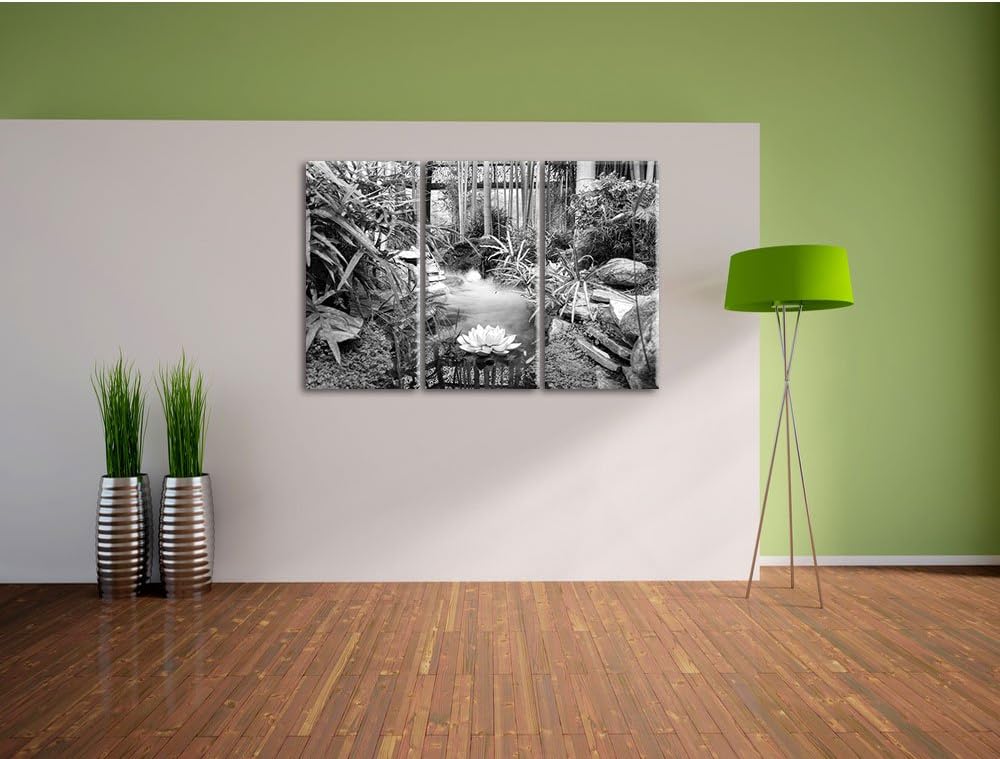 Pixxprint Zen Garten Japan Kunst B&W / 3-Teilig/Gesamtmass 120cm Leinwandbild bespannt auf Holzrahme