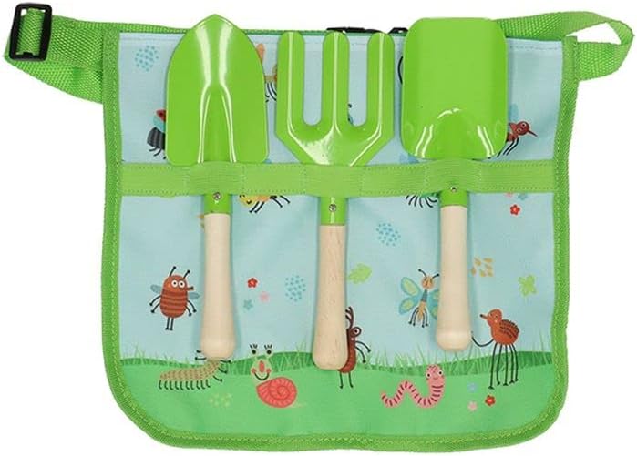 Rivanto® Kinder Gartengerätegürtel Insekten inkl. Gartenwerkzeug aus Eisen mit Kiefernholzgriff, Ger