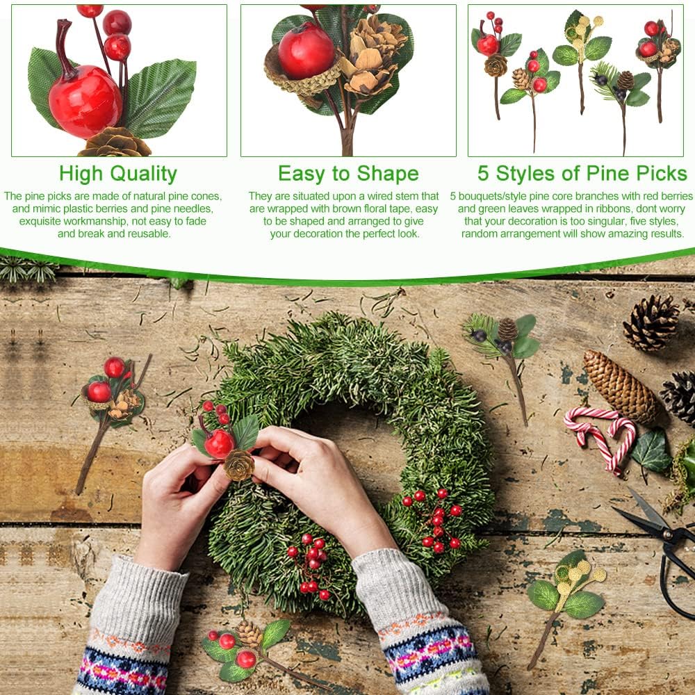 BUZIFU 20pcs Weihnachtsbeeren Picks künstliche Tannenzapfen Weihnachtsdekoration Aussen Weihnachtsbe