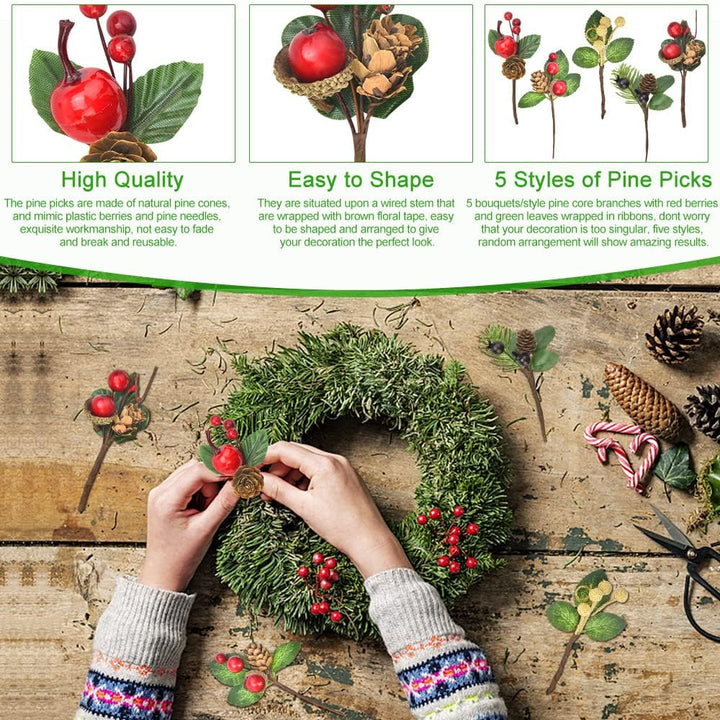 BUZIFU 20pcs Weihnachtsbeeren Picks künstliche Tannenzapfen Weihnachtsdekoration Aussen Weihnachtsbe