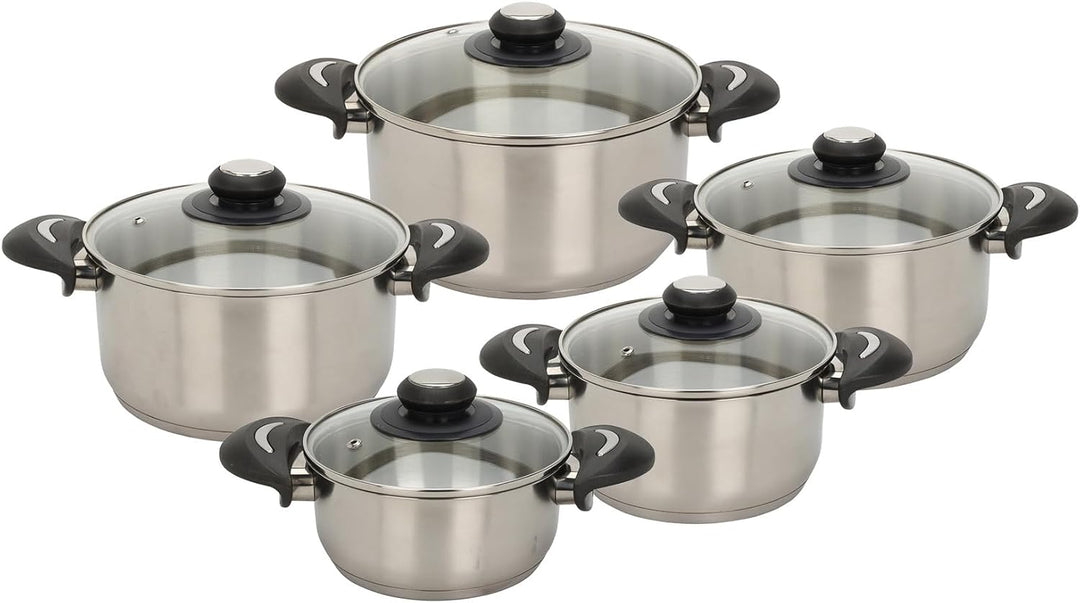 Edelstahl Topfset 10-teilig - 1,4 bis 5,4 L - Set aus 5 Töpfen mit Glasdeckel - Topf für Nudeln Kart