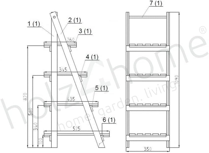 holz4home® Pflanzleiter mit 4 Ablagen I Grösse: 52,5 x 109 x 35 cm I Blumentreppe aus Tannenholz hel