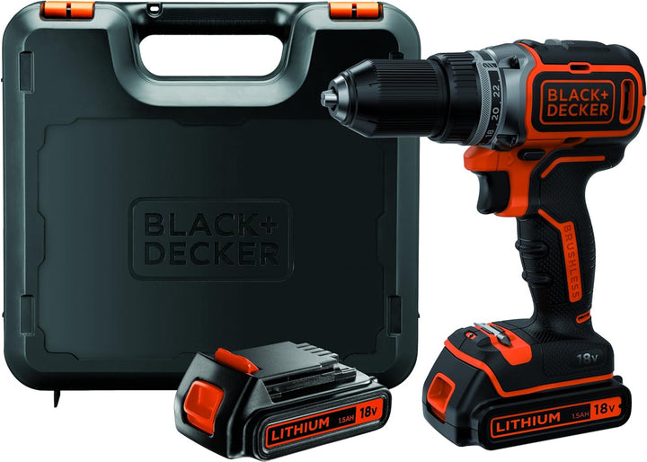 Black+Decker Akku-Bohrschrauber, Bohrmaschine (18 V 1.5Ah, bürstenloses 2-Gang-Getriebe, LED-Arbeits