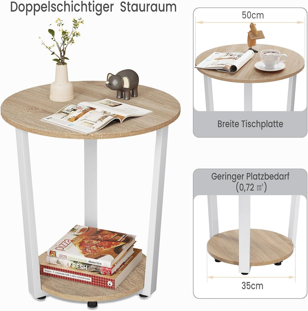WOLTU Couchtisch rund, Beistelltisch modern, Wohnzimmertisch klein, Sofatisch mit 2 Ablagen, Wohnzim