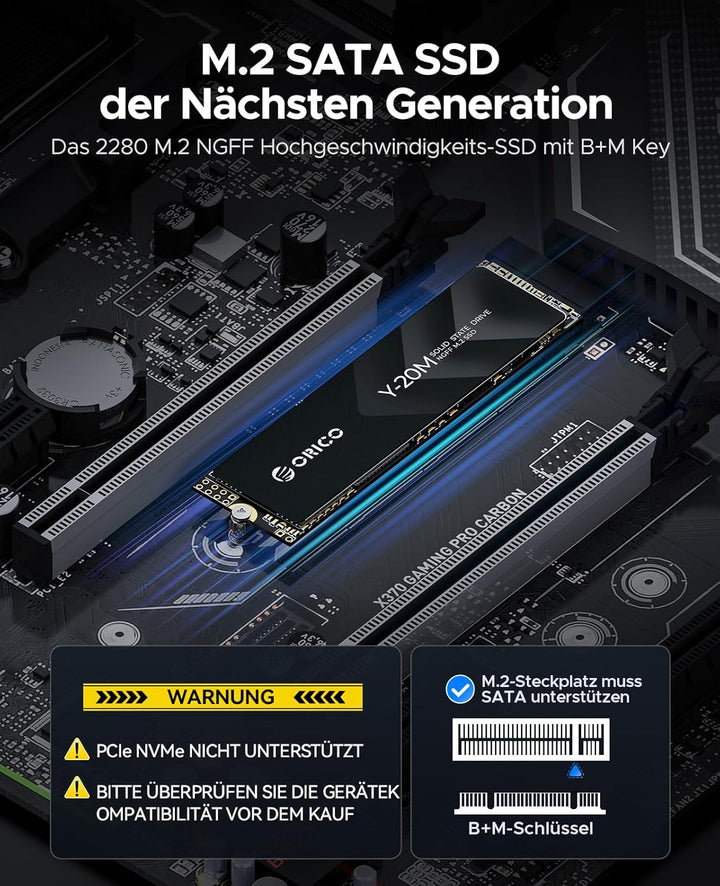 ORICO 1TB M.2 2280 SATA SSD, SATA III 6Gbps M2 SSD mit B+M Schlüssel, 500MB/s Internes Solid State L