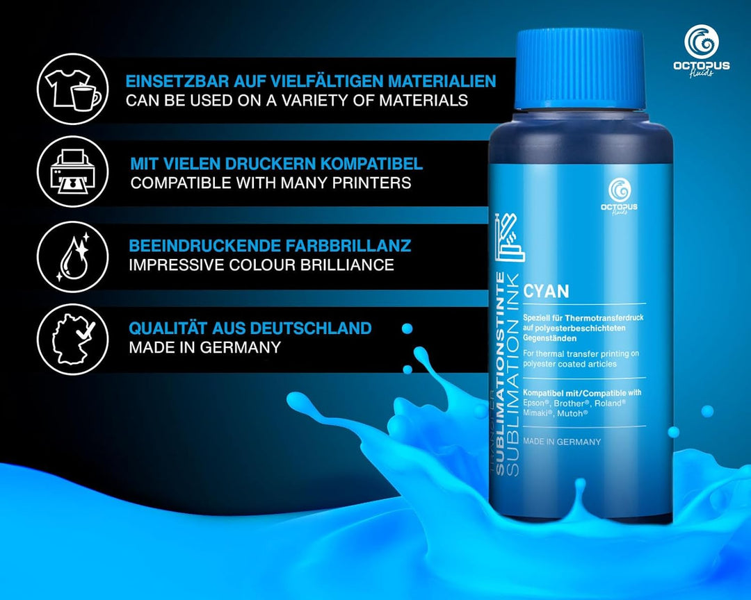 Octopus 1000 ml (1L) Sublimationstinte cyan (blau) für Textildruck, Transferdruck, Sublimation Ink k