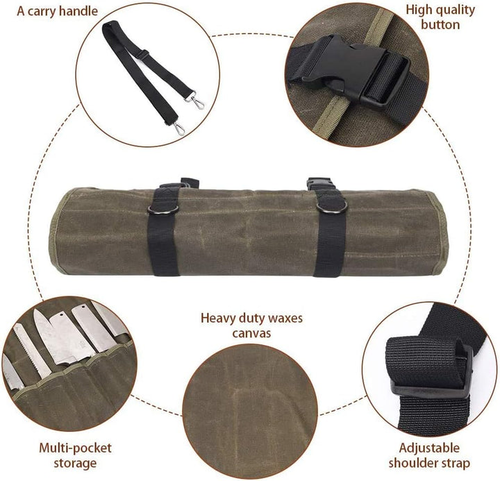 QEES Kochmesser Rolltasche 11 Slots, Messertasche für Camping, Wandern, Multifunktions-Werkzeugrollt